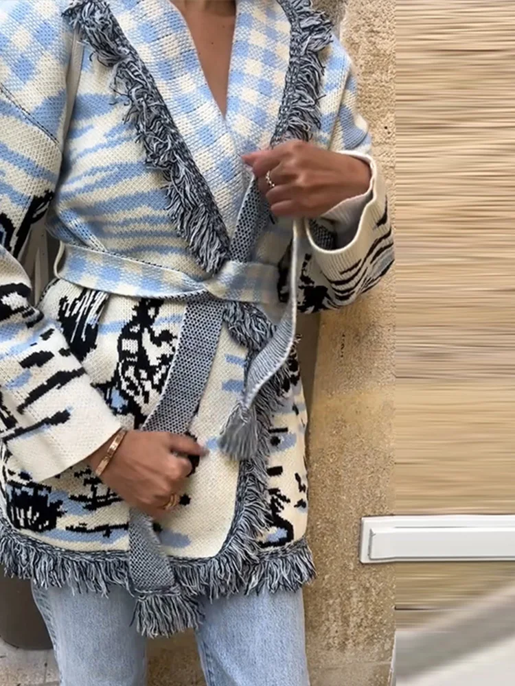 Cardigan en tricot imprimé à f - Tassel Fringe Trim avis et prix